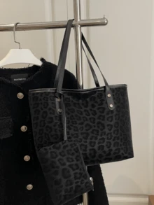 Dedoo Tas Tote Wanita Motif Leopard, Kain Lembut, Detail Rivet, Dompet Kecil yang Serasi, Kapasitas Besar, Kasual, Untuk Kerja, Belanja, dan Bepergian. - Hitam - View 4