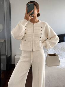 Knitwear 2 Pieces; Drop Shoulder Long Sleeve Button Front Casual Sweater Top And Loose Fit Pants - White - View 2
