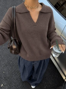Women's Turn Collar V-Neck Drop Shoulder Knit Sweater, Loose Fit Solid Color Preppy Style Pullover, Vintage Aesthetic, Suitable For Office Weekend Campus Daily Occasions - Coffee Brown - View 2