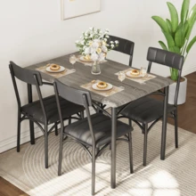 5-Piece Dining Table Set For 4, Rectangular Kitchen Table With 4 Upholstered Chairs, Metal & Wood Frame, Space-Saving For Small Apartment Dining Room, Rustic Brown/Grey - Gray - View 5