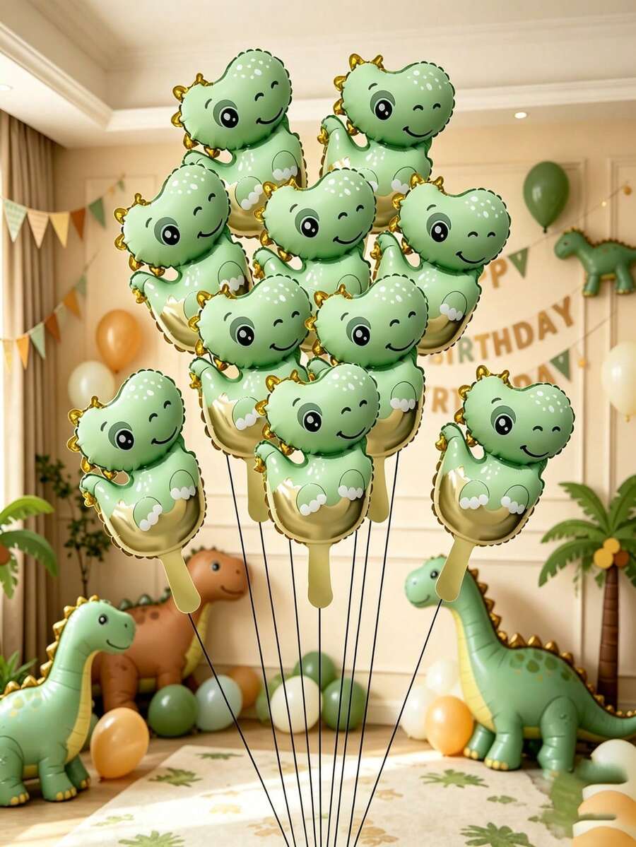 10pcs 16 Inch Mini Green Dinosaur Baby Foil Balloons, Birthday Party Decoration Balloon Set (No String Included) - View 1