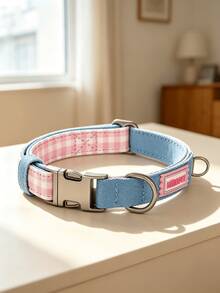 Vintage Denim Patchwork Plaid Dog Collar, Adjustable Size Fashion Plaid Pet Neck Collar, Dog Daily Walking Casual Accessory - Pink - View 11