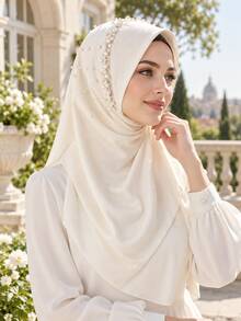 1pc Women Soft One-Piece Pearl Muslim Hijab Islamic Full Head Scarf - Multicolor - View 3
