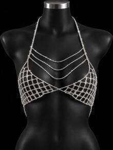 1pc Silver Rhinestone Chest Chain & Waist Chain Set For Women, Sparkling Tassel Body Chain Jewelry Accessory For Party, Nightclub, Stage Performance - Silver - View 6