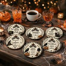 Halloween Wooden Round Coasters, Vintage American Style Lettering Slogan Pattern Heat Insulation Pads, Suitable For Home Kitchen Dining Table Party, Winter Holiday, Protect Desktop Decor, Halloween Decoration Gift - Coaster LDX2769 - View 1