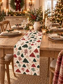1pc Christmas Table Runner, Watercolor Christmas Tree Pine Branch Berry Print Tabletop Decor, Holiday Dining Room Kitchen Countertop Decoration, Christmas Family Dinner Party Table Centerpiece - Multicolor - View 9