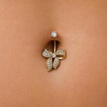 1pc Copper Inlaid Zirconia Bowknot Belly Ring, Stainless Steel Personalized Piercing Navel Stud Suitable For Daily Wear - Bow - View 3