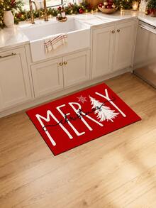 1pc Letter Print Kitchen Mat, Merry Christmas Letter Snowflake Pattern Rectangular Rug, Minimalist Winter Holiday Style Entryway Doormat, Suitable For Kitchen, Dining Room, Hallway, Entryway, Bedroom And Indoor Home Decor, Christmas Holiday Atmosphere Decorative Carpet - Multicolor - View 2