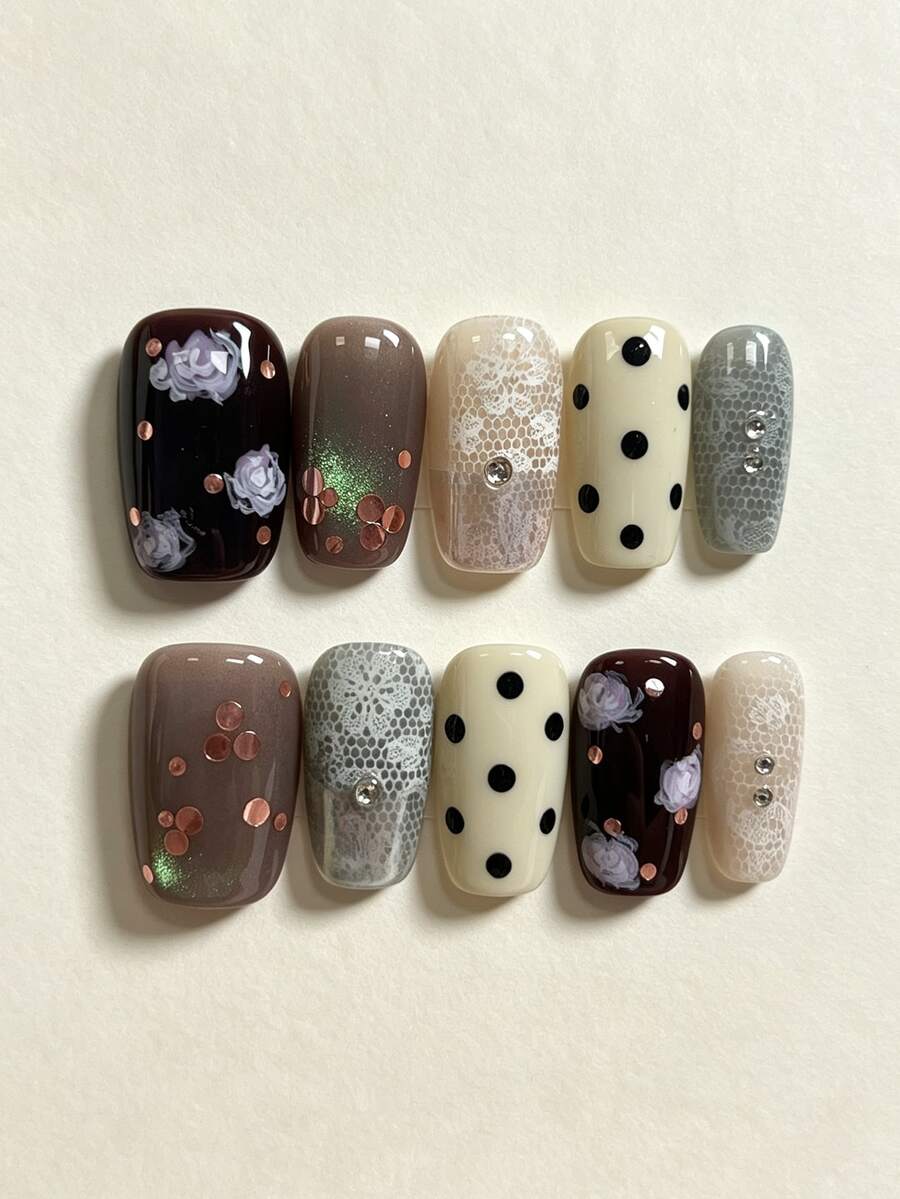 10pcs Handmade Press-On Nails, Medium Long Square Glossy Fake Nail Tips, Autumn/Winter Vintage Style, Purple Rose Lace Pattern & Black Polka Dot, Rhinestone & Bronze Glitter Decor, Reusable False Nails For Women Daily Wear And Evening Party - Multicolor - View 1