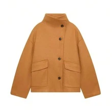 Women's Autumn/Winter Loose Funnel Neck Coat, Button Detail Design, Dropped Shoulder Long Sleeve, Regular Length Casual Jacket - Khaki - View 7