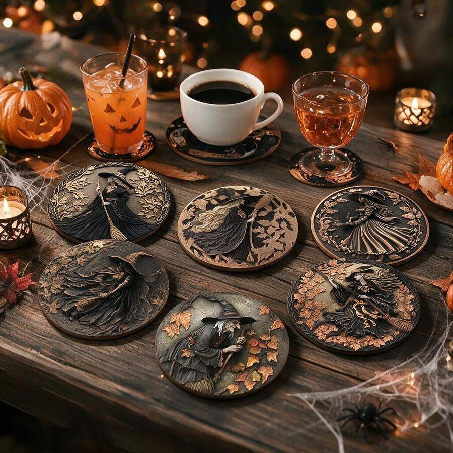 6pcs Witch Broom Coaster Set, Funny Cartoon Pattern Heat Resistant Cup Mats, Halloween Desktop Decor, Gift Box Packaging Holiday Gift - PET Coaster-2760 - View 1