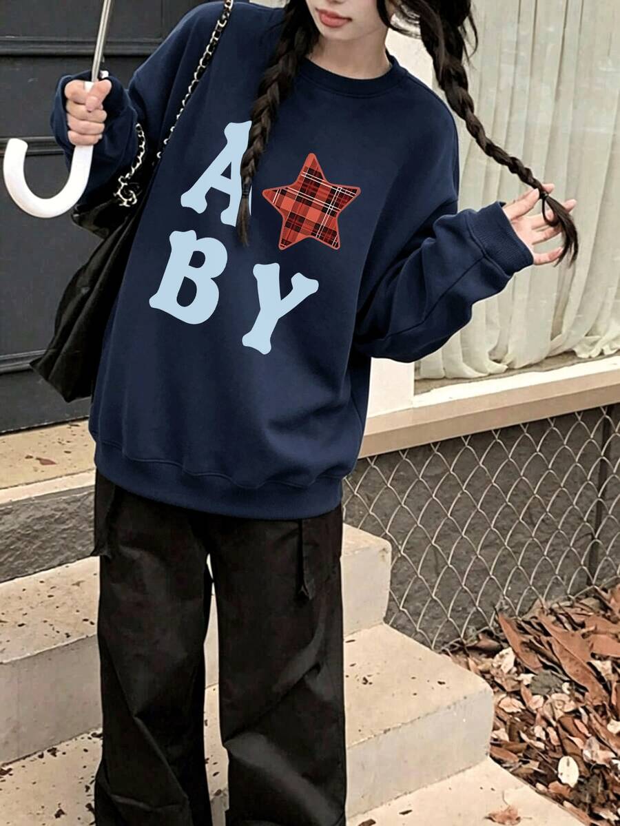 Women's Letter & Plaid Star Pattern Sweatshirt, Navy Blue, Loose Fit Drop Shoulder Crew Neck Long Sleeve Casual Pullover, Suitable For Autumn/Winter - Navy - View 1