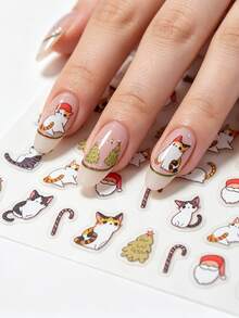 1pc Soft Cute Cartoon Kitten Santa Claus Nail Stickers, Minimalist Christmas Tree & Candy Cane Nail Decals, Christmas Theme, Shiny Surface, Cute Style, INS, Suitable For Holiday Parties And Autumn Outings - Multicolor - View 1