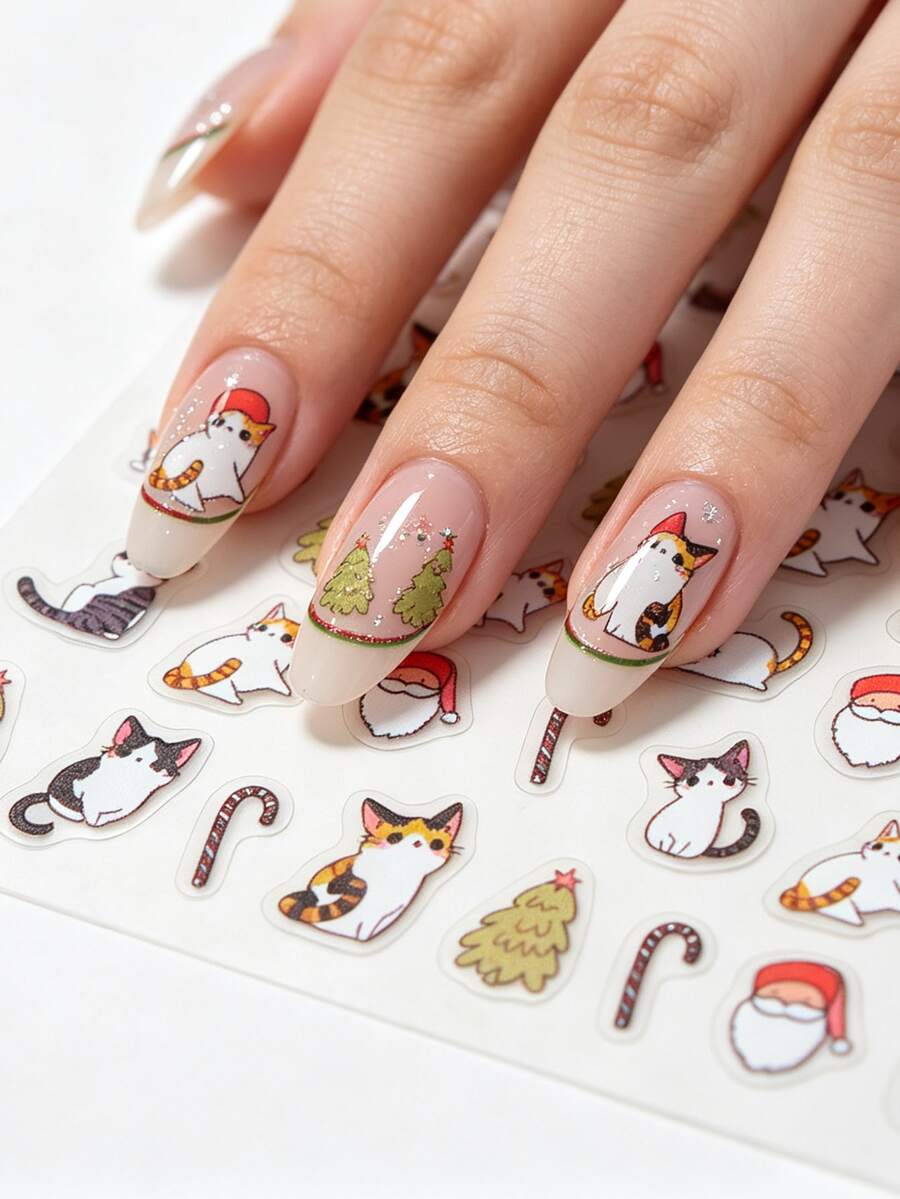 1pc Soft Cute Cartoon Kitten Santa Claus Nail Stickers, Minimalist Christmas Tree & Candy Cane Nail Decals, Christmas Theme, Shiny Surface, Cute Style, INS, Suitable For Holiday Parties And Autumn Outings - Multicolor - View 1