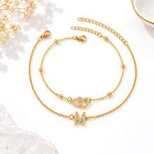 2Pcs/Set Vintage Fashion Heart Initial Gold Color Stainless Steel Bead Chain Layered Anklets For Women - Yellow Gold - View 3
