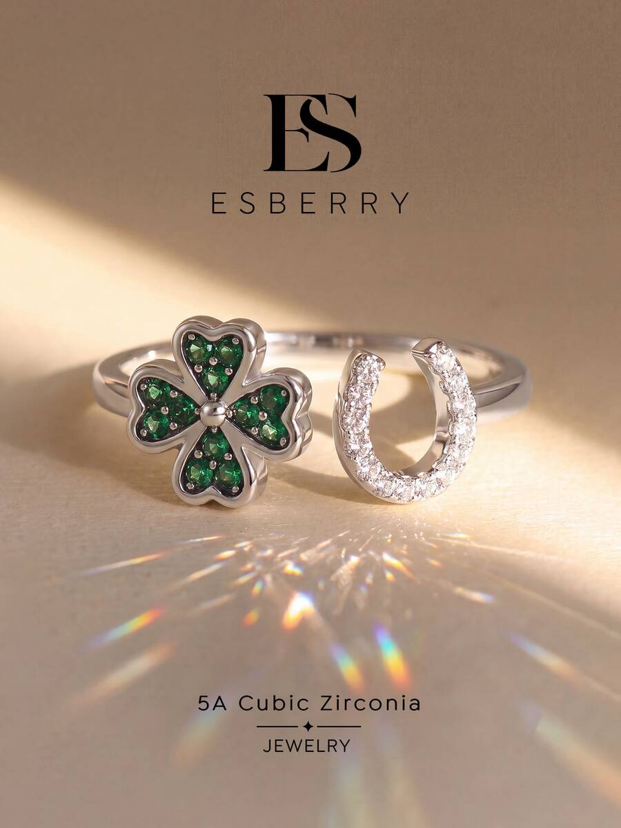 1pc Clover U-Shaped Open Ring, Rhinestone Inlaid, Exquisite Women's Jewelry, Suitable As Ball Gift, Daily Wear - Four-leaf Clover U-shaped Ring - View 1