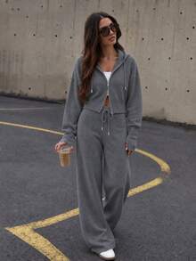 Knitwear Two Pieces; Cozy Ribbed Knit Co-Ords Ribbed Two Pieces Set– Long Sleeve Pullover And Relaxed Wide-Leg Pants Knit Two Pieces,Autumn/ Winter - Grey - View 10