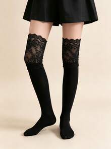 1/2 Pairs Sweet Girl Lace Trim Vertical Stripe Versatile Comfortable Knee-High Socks - Multicolor - View 4