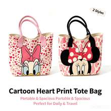 Back To School Disney Mickey Minnie Full Print Canvas Tote Bag, Large Capacity Cute Star Pattern Pink Ribbon Shoulder Bag, Women Girls Daily Commute Shopping Casual Handbag - Multicolor - View 1