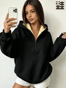 mulinsen Áo nỉ hoodie nữ dáng rộng nửa khóa kéo, lót lông cừu Sherpa, tay dài, form rộng, giữ ấm, phù hợp chạy bộ, dạo phố và đi chơi - màu đen - Xem 6
