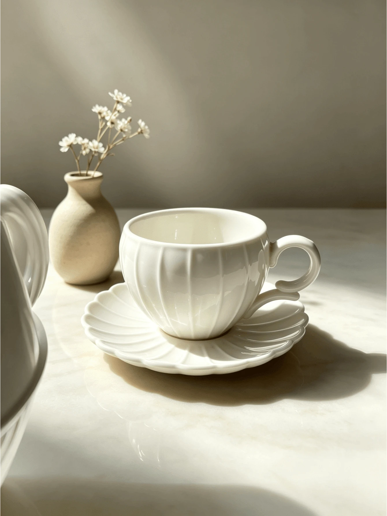 1/6pcs 90ml Vintage Embossed Pumpkin Ceramic Cup & Saucer Set, Cream White Aesthetic Coffee Cups, Home Breakfast Tableware - White - View 1