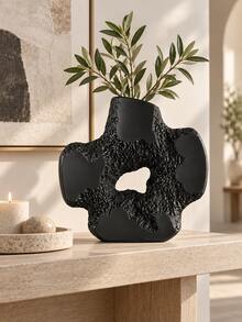 1pc Black Abstract Asymmetrical Hollow Vase, Modern Textured Sculpture Style Vase, Suitable For Living Room, Shelf, Entryway And Desktop Home Decor - Multicolor - View 5