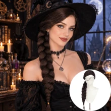 34-Inch Dark Brown Side-Braided Anime Cosplay Wig (Glasses Included) – Unisex Synthetic Pre-Braided Ponytail Wig; Ideal For Halloween, Carnivals, And Parties; A Great Gift For Cosplayers And Anime Fans - Brown - View 1