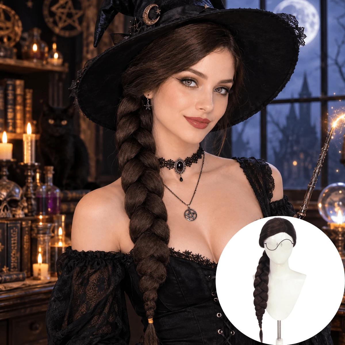 34-Inch Dark Brown Side-Braided Anime Cosplay Wig (Glasses Included) – Unisex Synthetic Pre-Braided Ponytail Wig; Ideal For Halloween, Carnivals, And Parties; A Great Gift For Cosplayers And Anime Fans - Brown - View 1