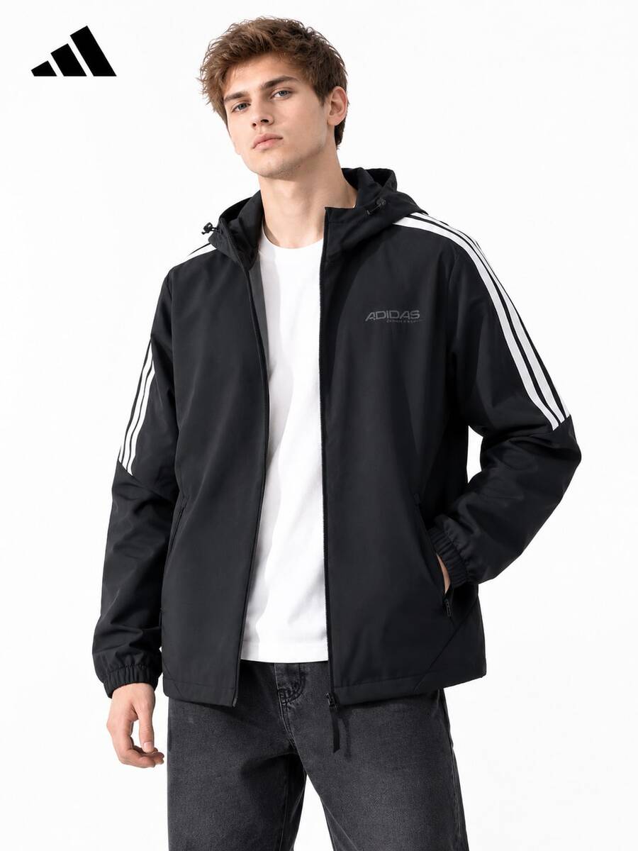 Adidas Jaket Berkerudung Tenun Tahan Angin untuk Pria, Model Terbaru, untuk Latihan Lari di Luar Ruangan, Pakaian Kasual. - Hitam - View 1