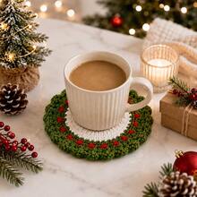 4 Pcs Handmade Crochet Christmas Coasters Set - Festive Wreath Drink Coasters With Bow For Coffee Mug, Heat Resistant Table Decor & Holiday Gift - ET Christmas Coaster - View 3