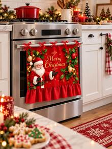 Christmas Oven Door Curtain, Gingerbread House Santa Snowman Print Ruffled Oven Cover With Tie Bows, Xmas Kitchen Home Decoration - B - View 9