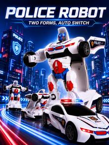 1pc Fully Automatic Transforming Police Car Kids Toy, Light & Music Electric Omnidirectional Robot Model, Cool Educational Toy, Suitable Birthday Gift For Boys - Multicolor - View 5