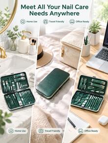16 In 1 Nail Care Set Stainless Steel Manicure Pedicure Kit Portable Green Leather Case For Travel Home Grooming - Dark Green - View 5