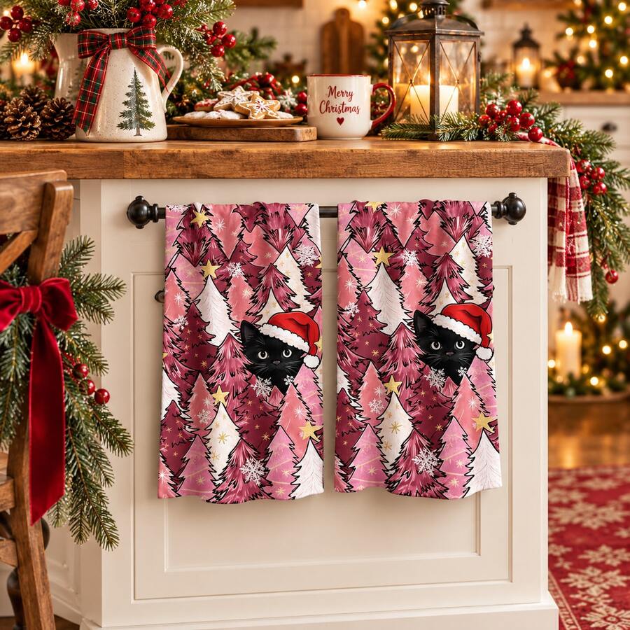 Set Serbet Dapur Natal 2/4/6 pcs Motif Kucing Hitam, Handuk Dapur Natal - MultiWarna - View 1
