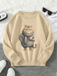 Women's Plus Size Cat Pattern Sweater, Long Sleeve Crew Neck Regular Fit Top, Ideal For Autumn/Winter - Apricot - View 1