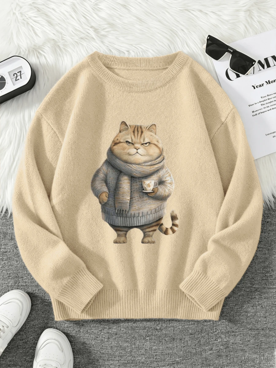 Women's Plus Size Cat Pattern Sweater, Long Sleeve Crew Neck Regular Fit Top, Ideal For Autumn/Winter - Apricot - View 1