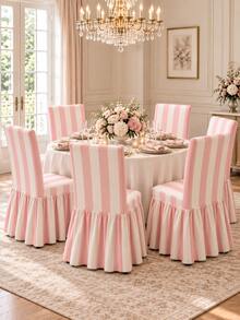 1/4/6pcs Rice Powder Striped Printed Milk Silk Skirt Chair Covers, Fashionable Polyester Thickened High Elasticity All Season Universal Chair Protector Covers Home Decor - Multicolor - View 6