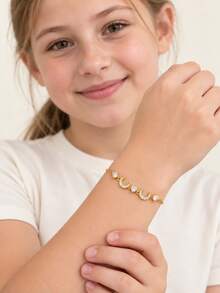 1pc Dainty Gold Tone Double Crescent Moon Charm Bracelet With Sparkling Stones Adjustable Chain Girls Kids Jewelry For Birthday Parties Daily Wear - Gold - View 1