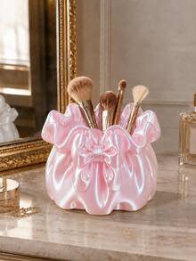 1pc Drawstring Satin Large Bow Makeup Brush Storage Bucket, Elegant Desktop Cosmetic Organizer, Vanity Bathroom Decor Makeup Storage Box, Multifunctional Storage Bucket For Beauty Tools And Small Accessories, Bathroom Accessories, Toothbrush - Multicolor - View 11