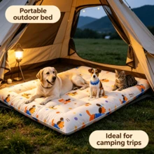 1pc Cream Cartoon Puppy Print Pet Sleeping Mat, Playful Polyester Rectangular Quilted Thin Breathable Low-Profile Resting Pad, Suitable For Dogs And Cats Indoor/Outdoor Camping RV Travel All Season Daily Use - White - View 8