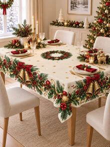 1pc Polyester Christmas Tablecloth, Red Bow Gold Bell Holly Wreath Print Xmas Holiday Table Cover, Traditional Festive Dining Table Decor For Christmas Party Dinner Kitchen Home - Multicolor - View 6