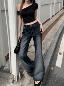YEAE | Celana Jeans Flare Hitam Wanita, Celana Denim Panjang Kasual Tanpa Peregangan dengan Saku Kancing dan Detail Resleting untuk Musim Gugur - Dark Wash - View 4