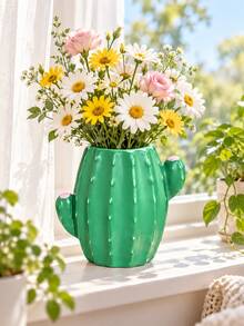 1pc Green Cactus Vase, Cute Cactus Shaped Decorative Flower Vase For Floral Arrangements, Unique Tabletop Centerpiece For Living Room Dining Table Kitchen Bedroom Office And Home Decor - 1PC - View 3