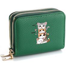 1pc Stacked Cartoon Cat Pattern Litchi Texture PU Leather Double Zipper Accordion Multi-Slot Compact Short Wallet Card Holder, Cute Girly Style, Suitable For Girls To Store Bank Cards And Coins - Multicolor - View 6