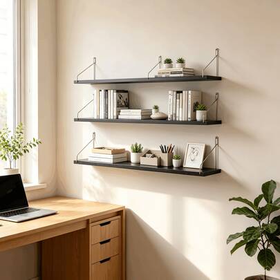 3pcs/1pc (30cm/40cm/50cm) Floating Wall Shelf Set (Optional Individual Size), White Wall-Mounted Storage Organizer Rack With Metal Brackets, Easy Installation No-Drill Wall Shelves, Space-Saving Display Shelves For Bedroom, Bathroom, Living Room And Kitchen, Suitable For Plants, Photos, Books And Small Items Decorative Shelves