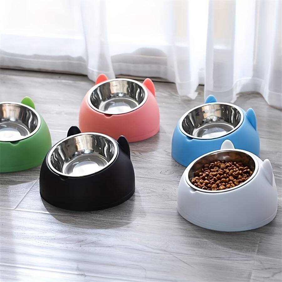 1pc Stainless Steel Elevated Cat Bowl, 2-In-1 Tilted Food & Water Dish With Cute Ear Stand, Neck Protection Design - 100ml - View 1