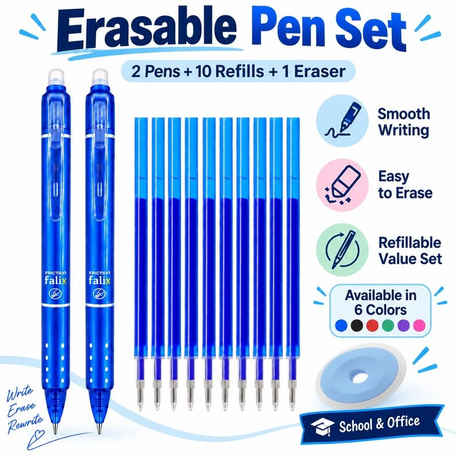 13pcs/Set 2 Packs Retractable Erasable Gel Pen Set With 10 Refills & 1 Eraser, 6 Color Options, Smooth Writing Refillable Pens For Students, School, Office, Note Taking, Homework, Journaling & Everyday Writing - Multicolor - View 1