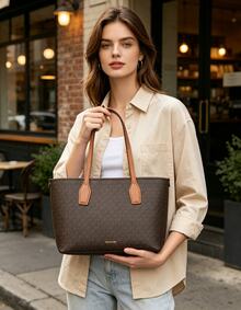Michael Kors MK Charlie Logo 中號托特包附小拉鍊收納包錢包組，女款休閒通勤手提肩背包，時尚禮品包 - 黑棕色 - 查看 7