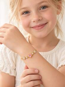 1pc Children Jewelry Gold Tone Pink Heart Cubic Zirconia Flower Charm Bracelet Sparkling Link Chain For Girl Birthday Party School Holiday Gift - Gold - View 1