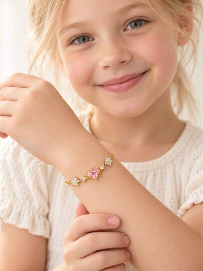 1pc Children Jewelry Gold Tone Pink Heart Cubic Zirconia Flower Charm Bracelet Sparkling Link Chain For Girl Birthday Party School Holiday Gift